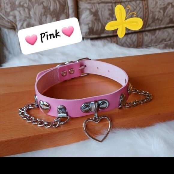 Pink Silver Heart Shaped Choker Necklace, PINK Silver Heart Pendant Choker - Picture 9 of 12